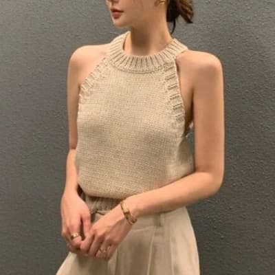 프랑스식 섹시함 행침 목 오프숄더 니트 조끼 여성 2026 여름 화이트 몸매 가꾸기 슬림해 보이는 인사이드 가져 가라. 민소매 맨위 상세 이미지 1