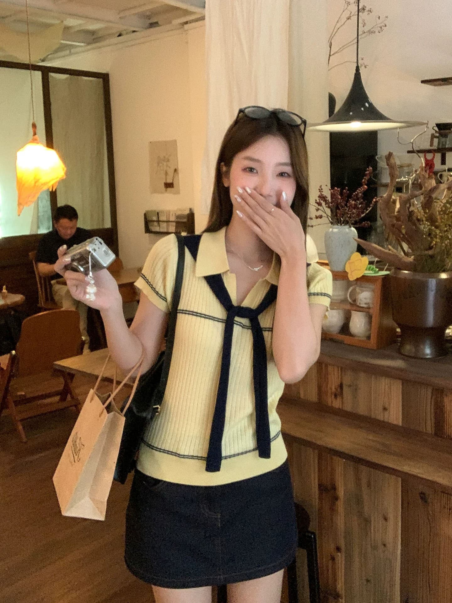 우 77 황색 학원 스타일 배색 숄 POLO 칼라 니트 맨위 여성 한 부서 몸매 가꾸기 다용도 반팔 티셔츠 여름 상세 이미지 7