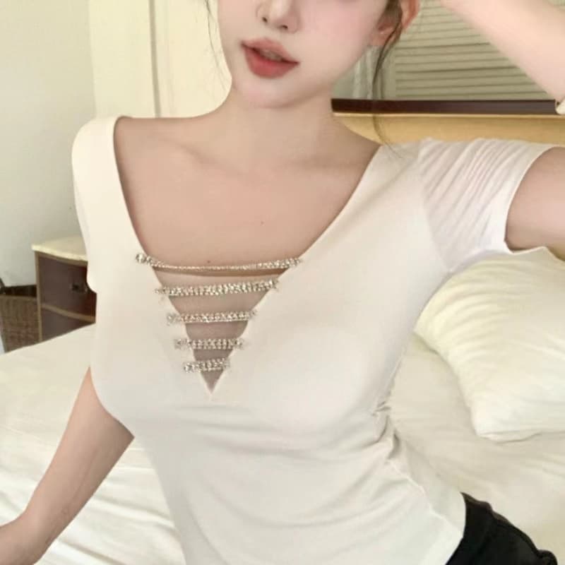 고급 센스 달콤한 매운맛 반팔 티셔츠 훈련 사슬 패치워크 V넥 몸매 가꾸기 슬림해 보이는 풀오버 단색 켜기 벨트 가슴 패드 이미지 2