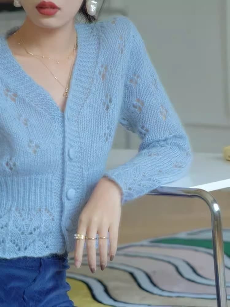 한국 동대문 부드러운 바람 쇼트 스타일 니트 오픈 가디건 에어컨 셔츠 여성 얇은 스타일 레트로 V넥 홀로우 아웃 재킷 맨위 상세 이미지 8