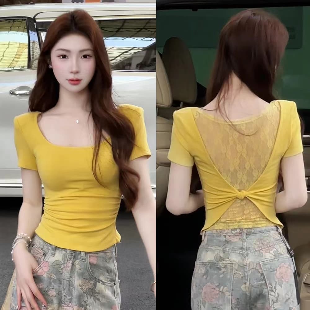 2026 년 여름 섹시함 순수한 욕망 백리스 라운드 넥 반팔 티셔츠 여성 아름다움 뒤로 레이스 조각 꼬집기 허리 슬림해 보이는 맨위 이미지 2