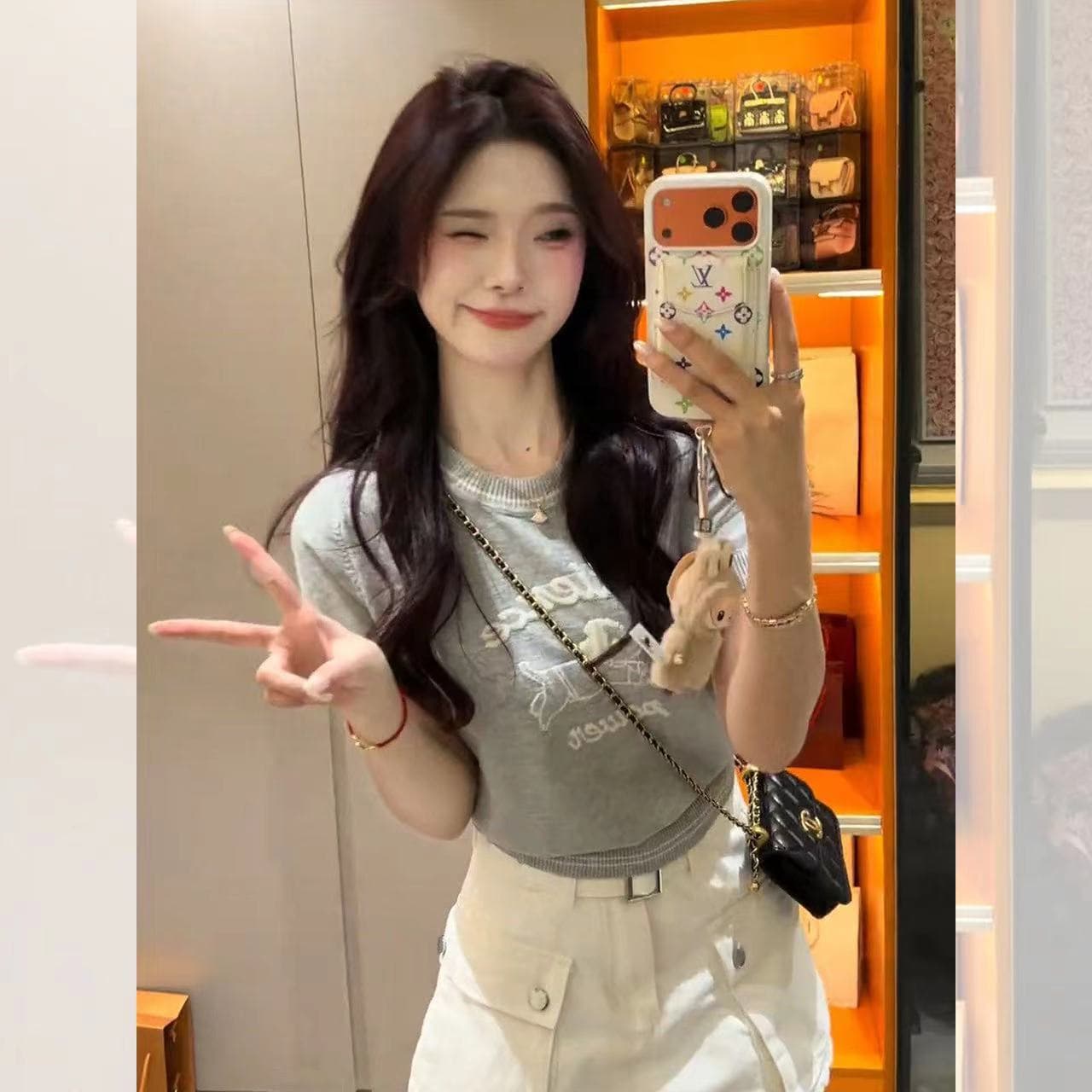 한 부서 살구 색상 강아지 자카드 니트 반팔 티셔츠 여성 여름 얇은 스타일 작은 키 몸매 가꾸기 슬림해 보이는 쇼트 스타일 맨위 상세 이미지 17