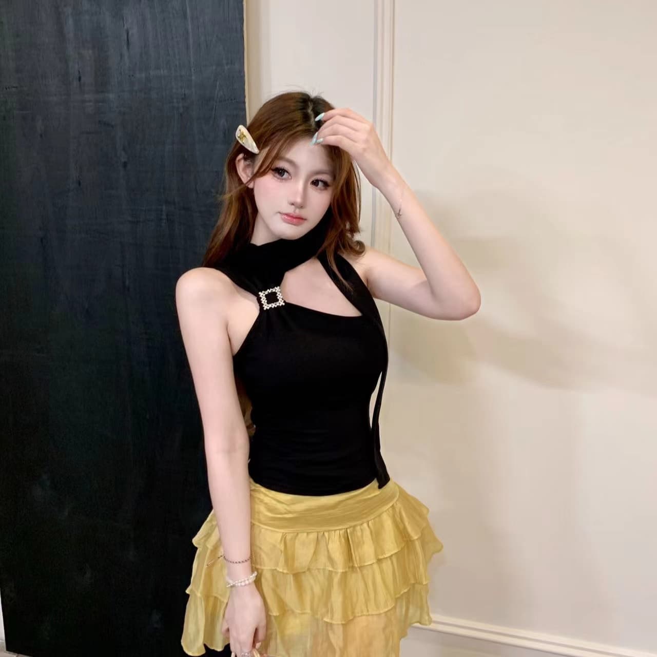 여름 순수한 욕망 섹시함 비스듬한 어깨 행침 목 리본 캐미솔 새로운 몸매 가꾸기 슬림해 보이는 디자인 센스 외출용 맨위 이미지 5