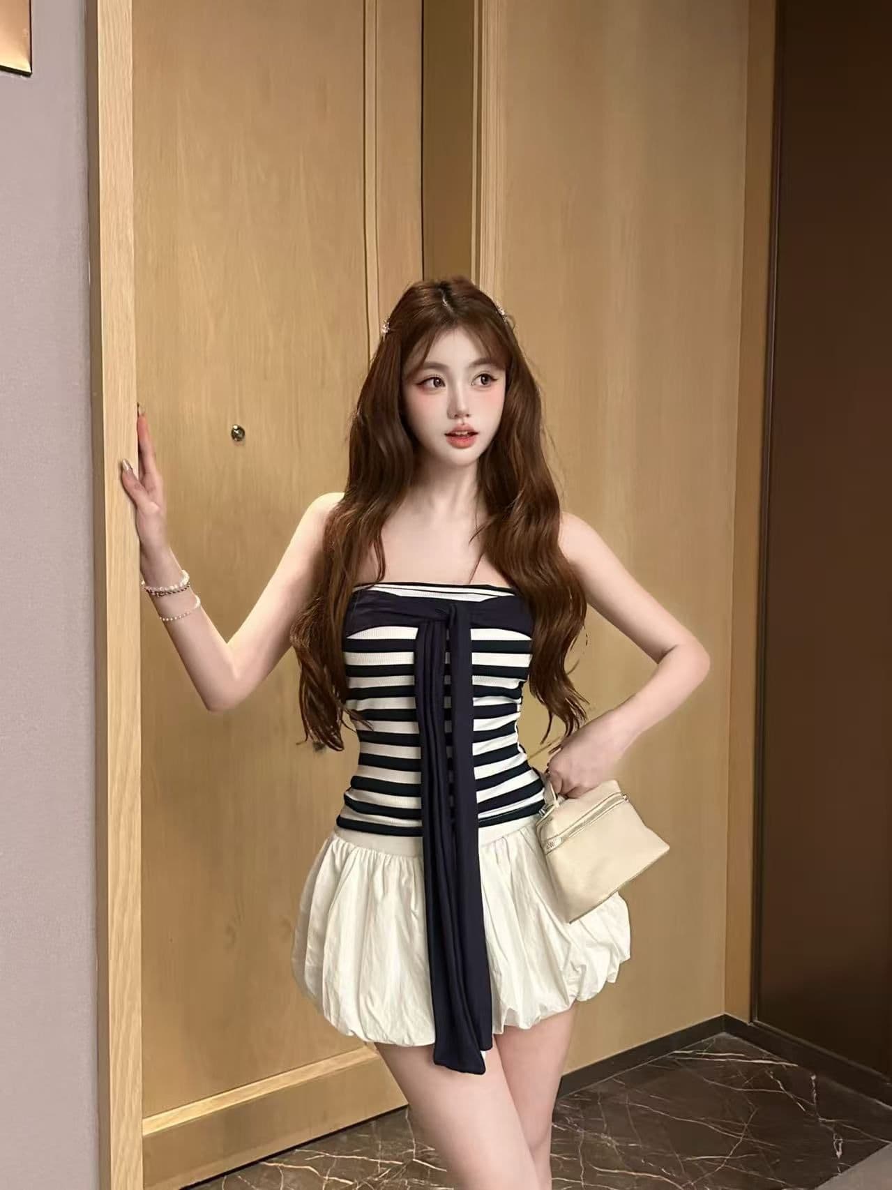 달콤한 핫걸 나비 매듭 배색 스트라이프 튜브탑 조끼 여성 짧은 디자인 센스 다용도 몸매 가꾸기 포장 가슴이 없다. 소매 맨위 상세 이미지 2