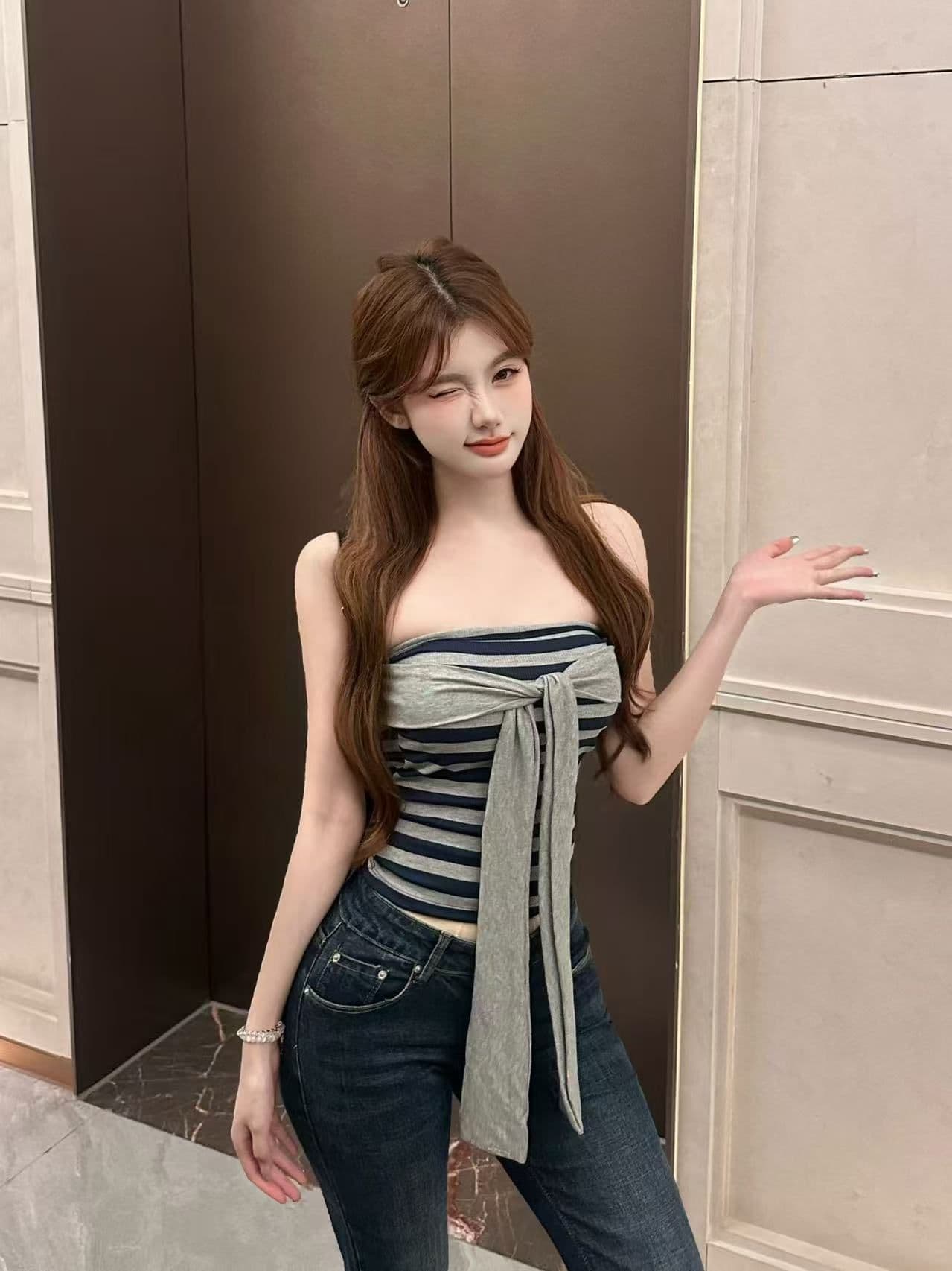 달콤한 핫걸 나비 매듭 배색 스트라이프 튜브탑 조끼 여성 짧은 디자인 센스 다용도 몸매 가꾸기 포장 가슴이 없다. 소매 맨위 상세 이미지 12