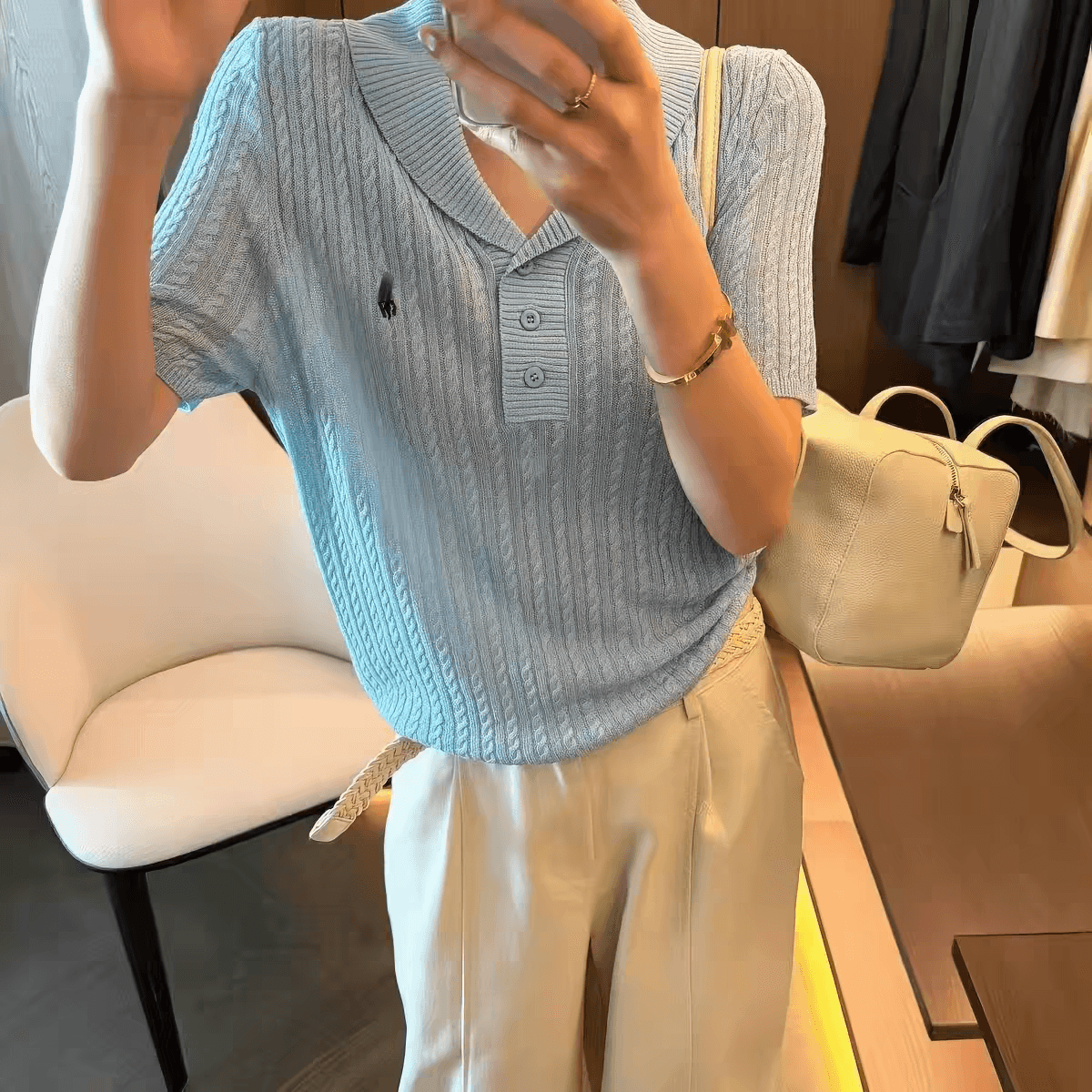 한국 스타일 루즈핏 레트로 꽈배기 자수 슬림해 보이는 폴로 칼라 반팔 맨위 여성 얇은 스타일 만나는 니트 상세 이미지 5