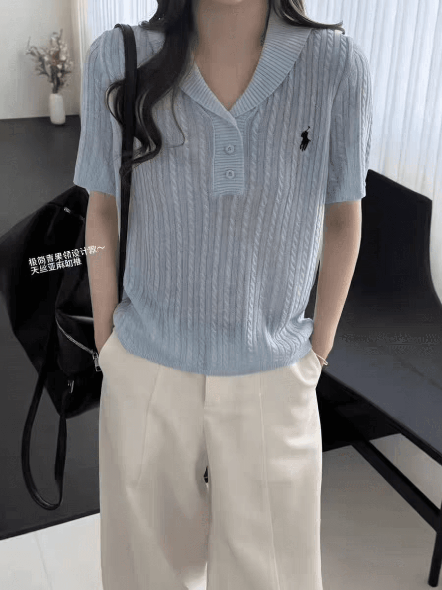 한국 스타일 루즈핏 레트로 꽈배기 자수 슬림해 보이는 폴로 칼라 반팔 맨위 여성 얇은 스타일 만나는 니트 상세 이미지 6
