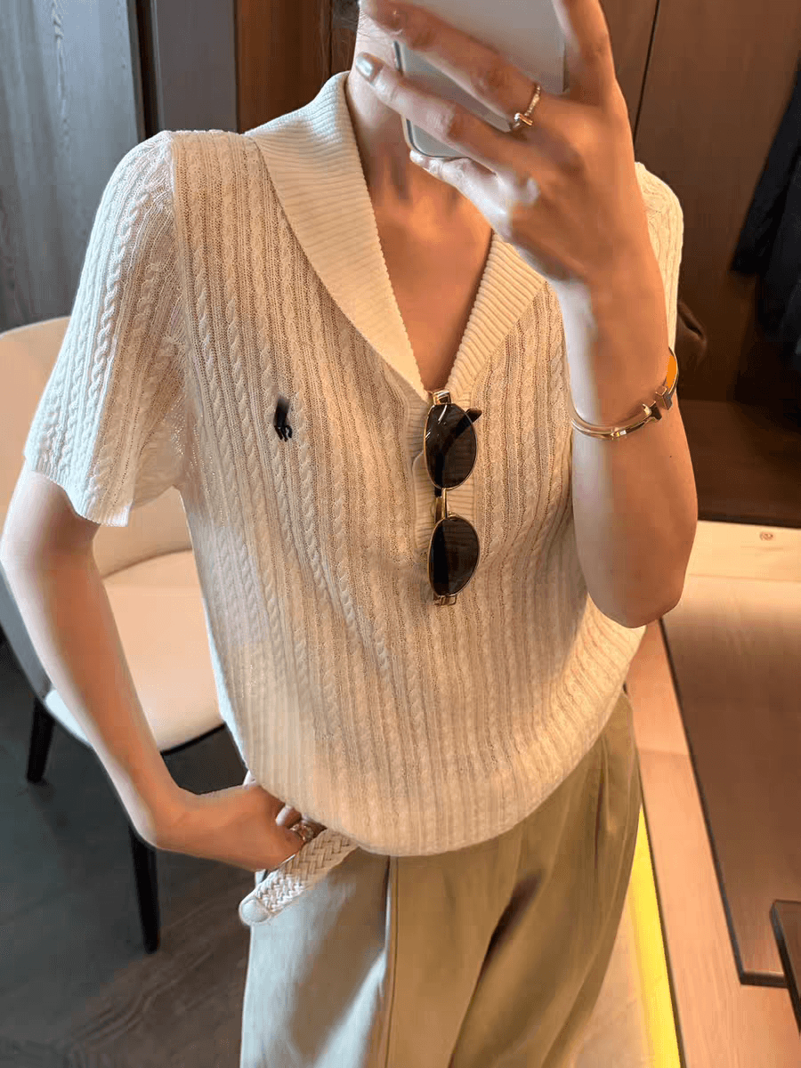 한국 스타일 루즈핏 레트로 꽈배기 자수 슬림해 보이는 폴로 칼라 반팔 맨위 여성 얇은 스타일 만나는 니트 상세 이미지 7