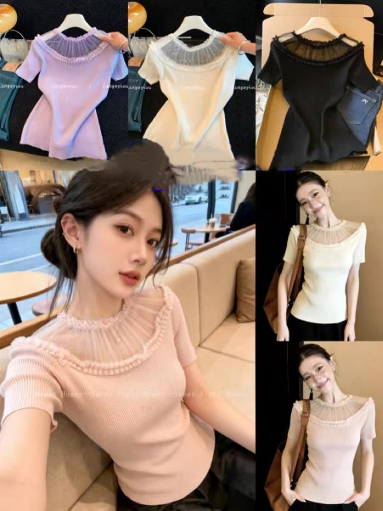 여름 새로운 부드러운 바람 레이스 레이스 라운드 넥 반팔 니트 스웨터 여성 몸매 가꾸기 품격 연령 감소 티셔츠 맨위 여성 상세 이미지 1