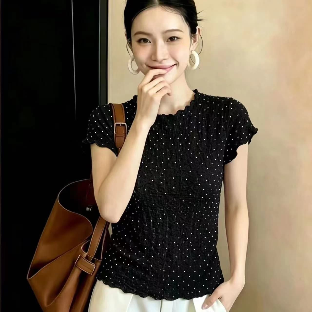 아름다운 자이언트 잘 생긴 프릴 Feifei 소매 티셔츠 여성 디자인 센스 몸매 가꾸기 배색 도트 무늬 맨위 여름 이미지 5