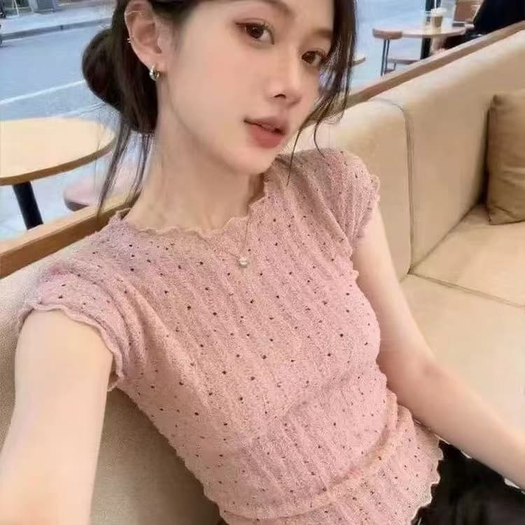 아름다운 자이언트 잘 생긴 프릴 Feifei 소매 티셔츠 여성 디자인 센스 몸매 가꾸기 배색 도트 무늬 맨위 여름 상세 이미지 6
