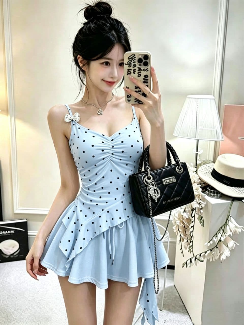 순수한 욕망 바람 핫걸 섹시함 불규칙 도트 무늬 슬립 맨위 프릴 조끼 작은 셔츠 여성 벨트 가슴 패드 상세 이미지 12