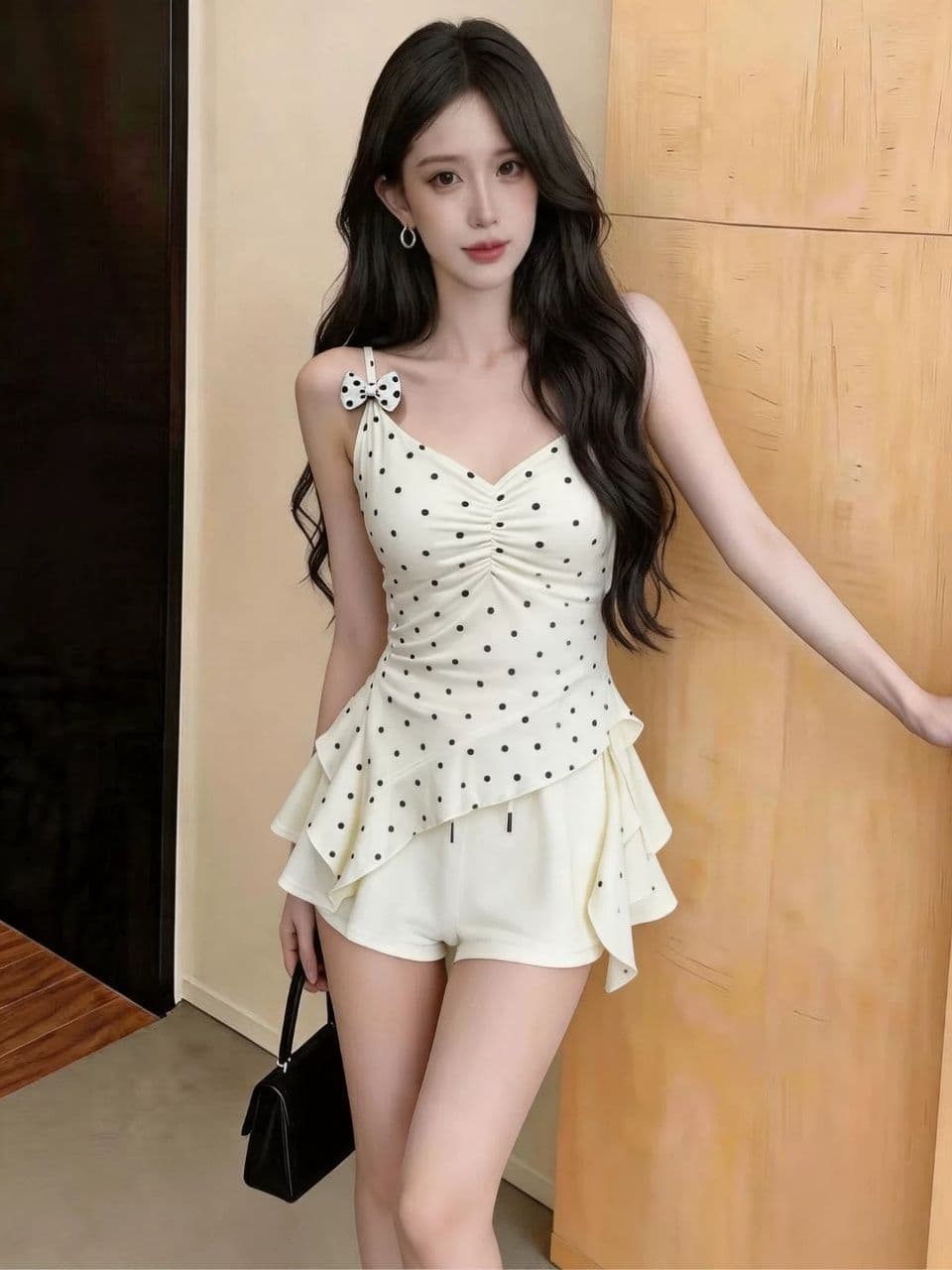 순수한 욕망 바람 핫걸 섹시함 불규칙 도트 무늬 슬립 맨위 프릴 조끼 작은 셔츠 여성 벨트 가슴 패드 상세 이미지 23