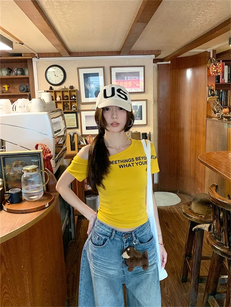 여름 새로운 핫걸 바람 비스듬한 어깨 알파벳 프린트 패치워크 반팔 티셔츠 여성 몸매 가꾸기 슬림해 보이는 원피스 벨트 가슴 패드 상세 이미지 27