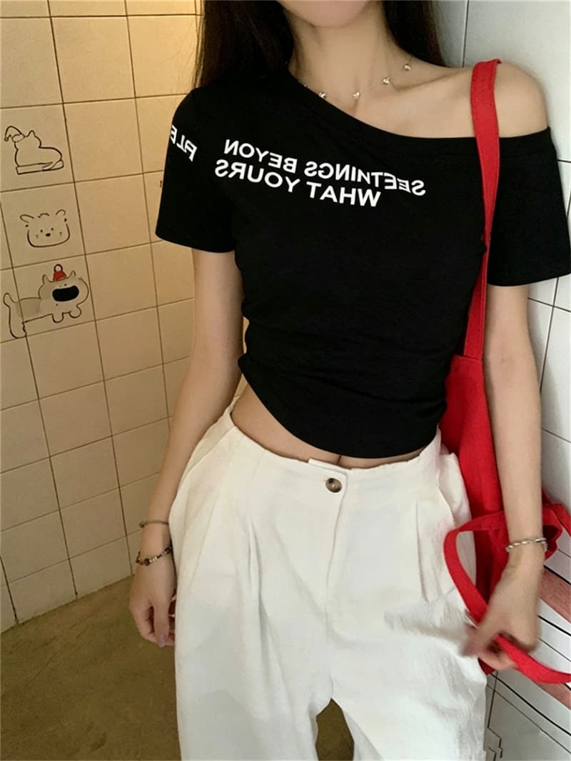 여름 새로운 핫걸 바람 비스듬한 어깨 알파벳 프린트 패치워크 반팔 티셔츠 여성 몸매 가꾸기 슬림해 보이는 원피스 벨트 가슴 패드 상세 이미지 44