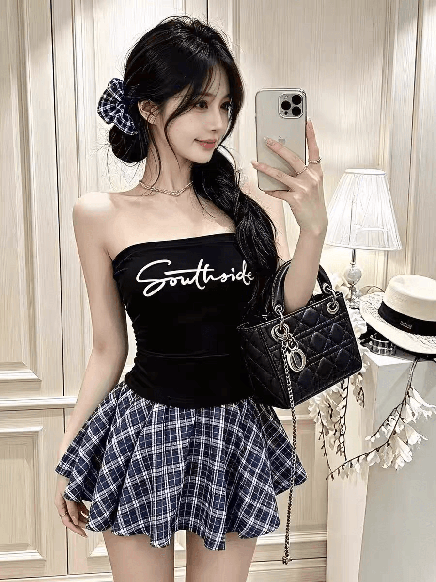 여름 새로운 핫걸 바람 알파벳 프린트 패치워크 튜브탑 조끼 몸매 가꾸기 슬림해 보이는 원피스 벨트 가슴 패드 의류 여성 상세 이미지 1