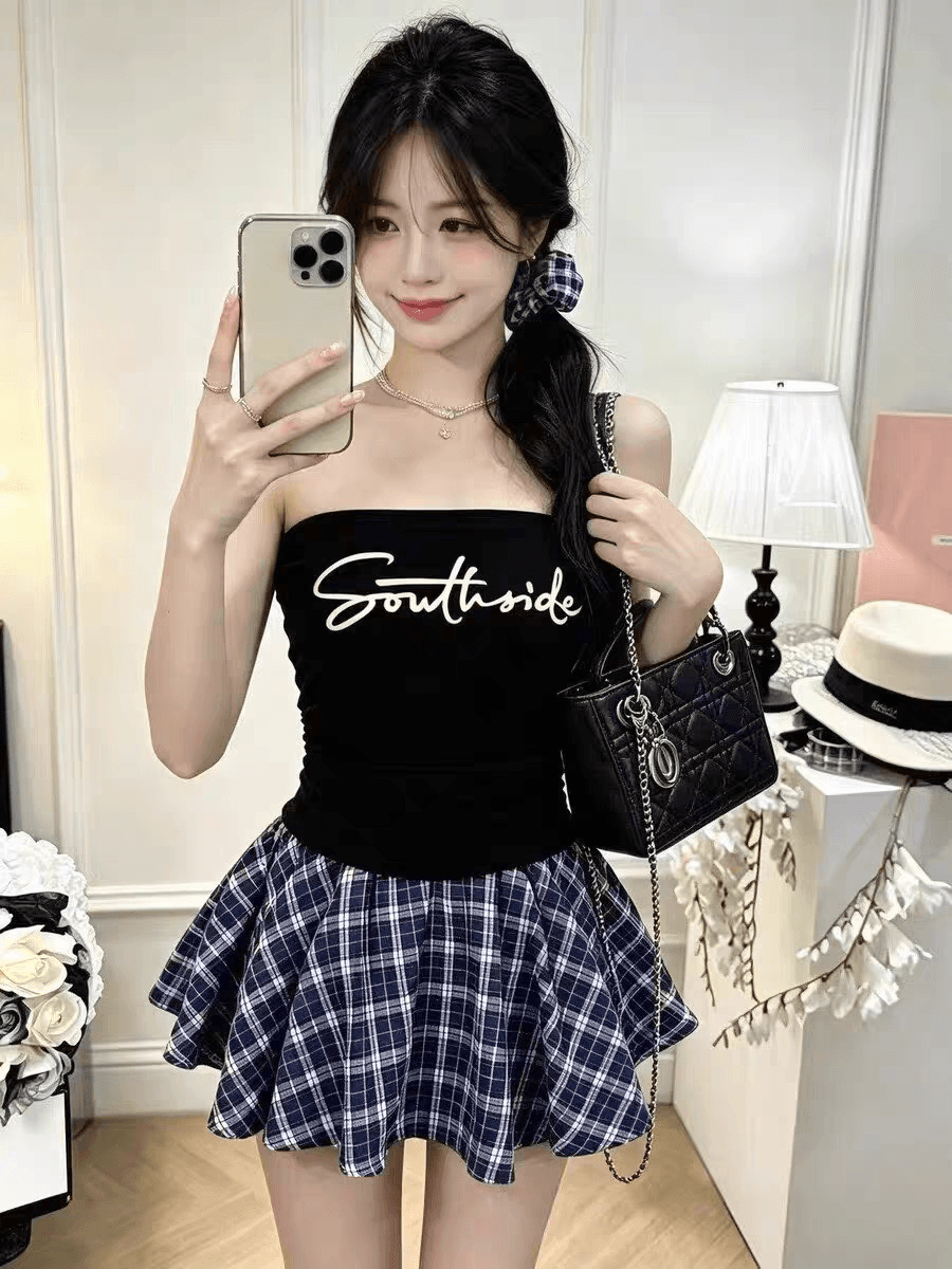 여름 새로운 핫걸 바람 알파벳 프린트 패치워크 튜브탑 조끼 몸매 가꾸기 슬림해 보이는 원피스 벨트 가슴 패드 의류 여성 상세 이미지 2