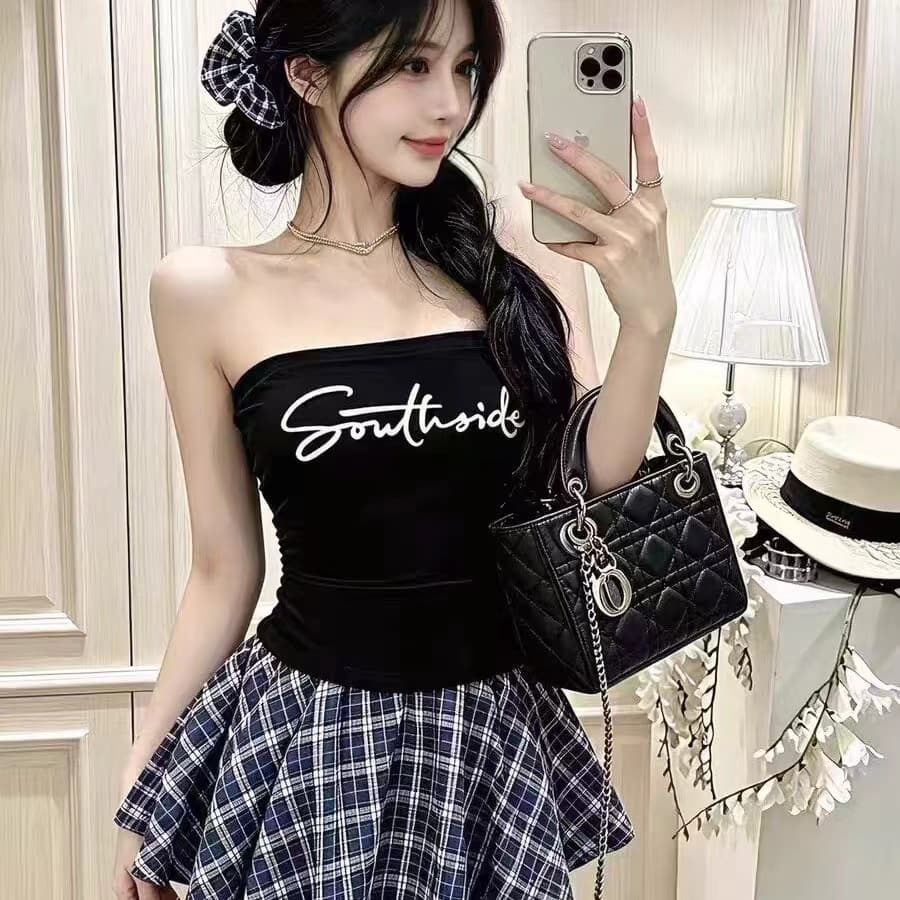 여름 새로운 핫걸 바람 알파벳 프린트 패치워크 튜브탑 조끼 몸매 가꾸기 슬림해 보이는 원피스 벨트 가슴 패드 의류 여성 상세 이미지 18
