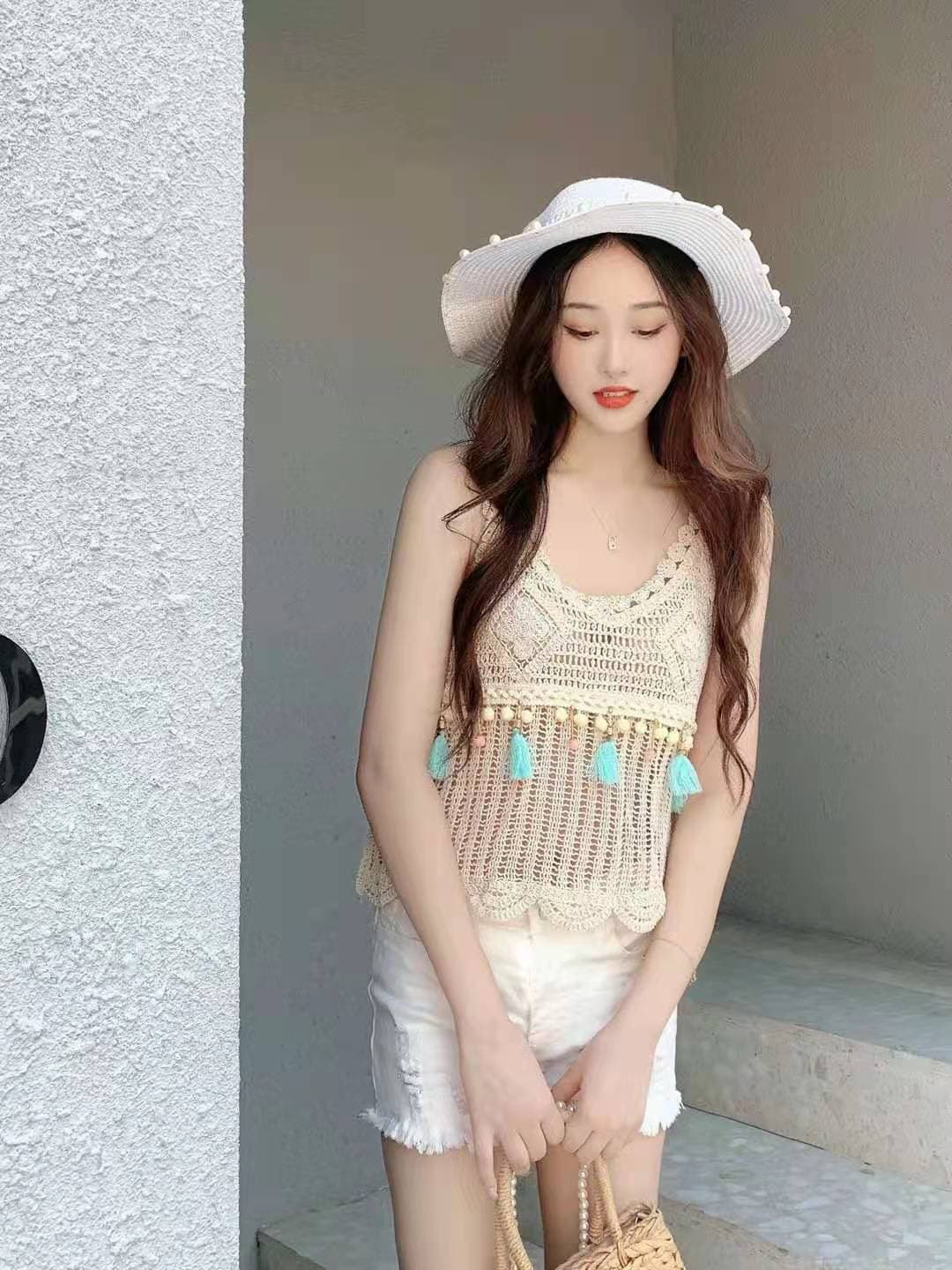 민족 스타일 얕은 베이지 색 술 작은 베스트 센 부서 전체 ~ 중 작은 블라우스 보헤미안 바람
