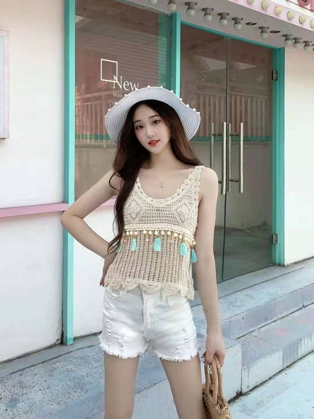 민족 스타일 얕은 베이지 색 술 작은 베스트 센 부서 전체 ~ 중 작은 블라우스 보헤미안 바람 이미지 2