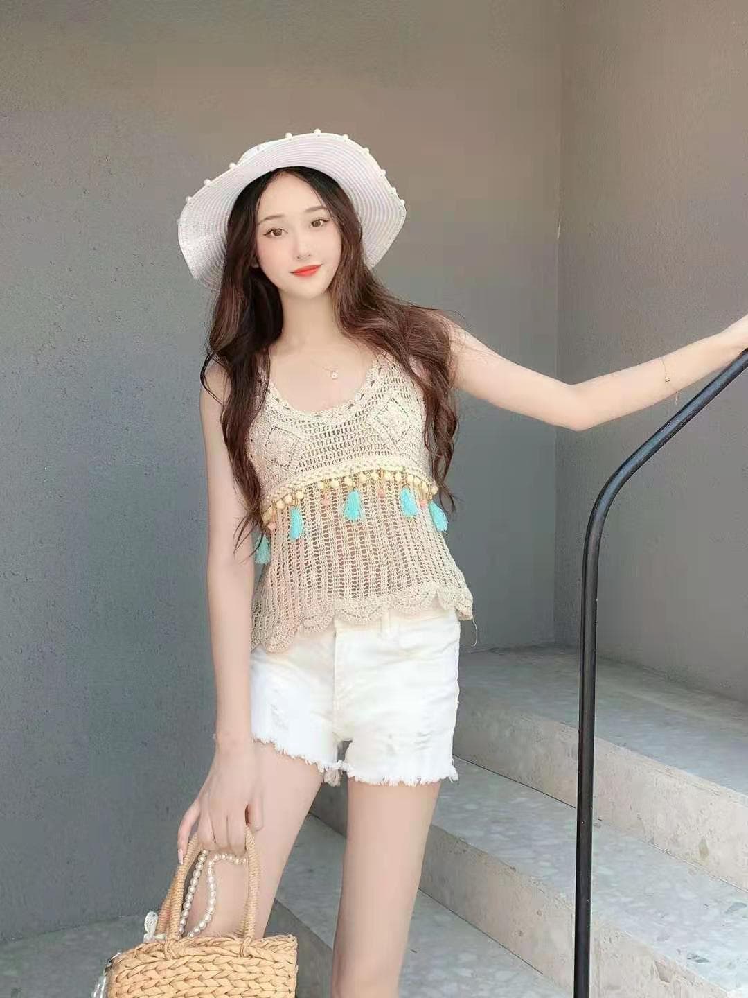 민족 스타일 얕은 베이지 색 술 작은 베스트 센 부서 전체 ~ 중 작은 블라우스 보헤미안 바람 상세 이미지 3
