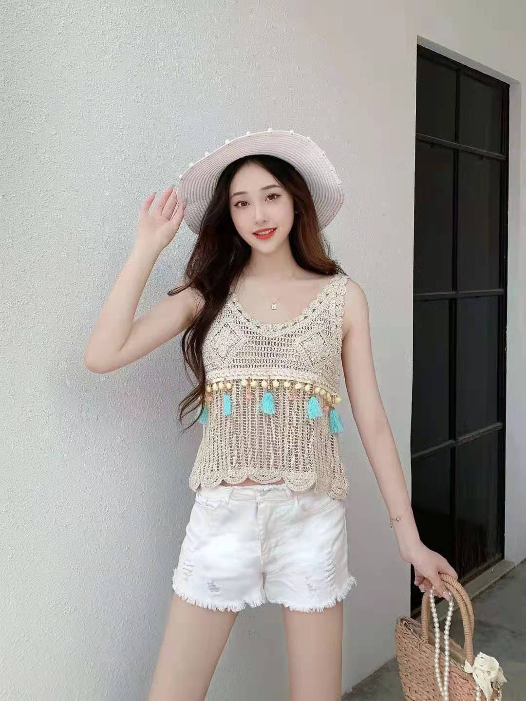 민족 스타일 얕은 베이지 색 술 작은 베스트 센 부서 전체 ~ 중 작은 블라우스 보헤미안 바람 상세 이미지 6