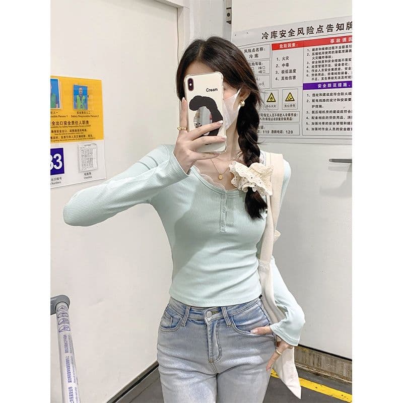 연삭 털 디자인 센스 달콤한 자매 순수한 욕망 몸매 가꾸기 기본 셔츠 여성 반 개방 칼라 긴팔 맨위 인사이드 가져 가라. 티셔츠 상세 이미지 9