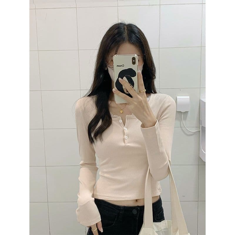 연삭 털 디자인 센스 달콤한 자매 순수한 욕망 몸매 가꾸기 기본 셔츠 여성 반 개방 칼라 긴팔 맨위 인사이드 가져 가라. 티셔츠 상세 이미지 14