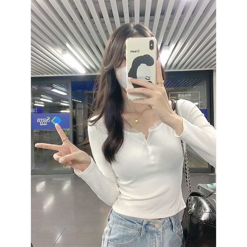 연삭 털 디자인 센스 달콤한 자매 순수한 욕망 몸매 가꾸기 기본 셔츠 여성 반 개방 칼라 긴팔 맨위 인사이드 가져 가라. 티셔츠 상세 이미지 17