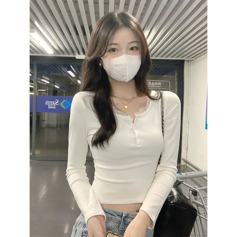 연삭 털 디자인 센스 달콤한 자매 순수한 욕망 몸매 가꾸기 기본 셔츠 여성 반 개방 칼라 긴팔 맨위 인사이드 가져 가라. 티셔츠 상세 이미지 19