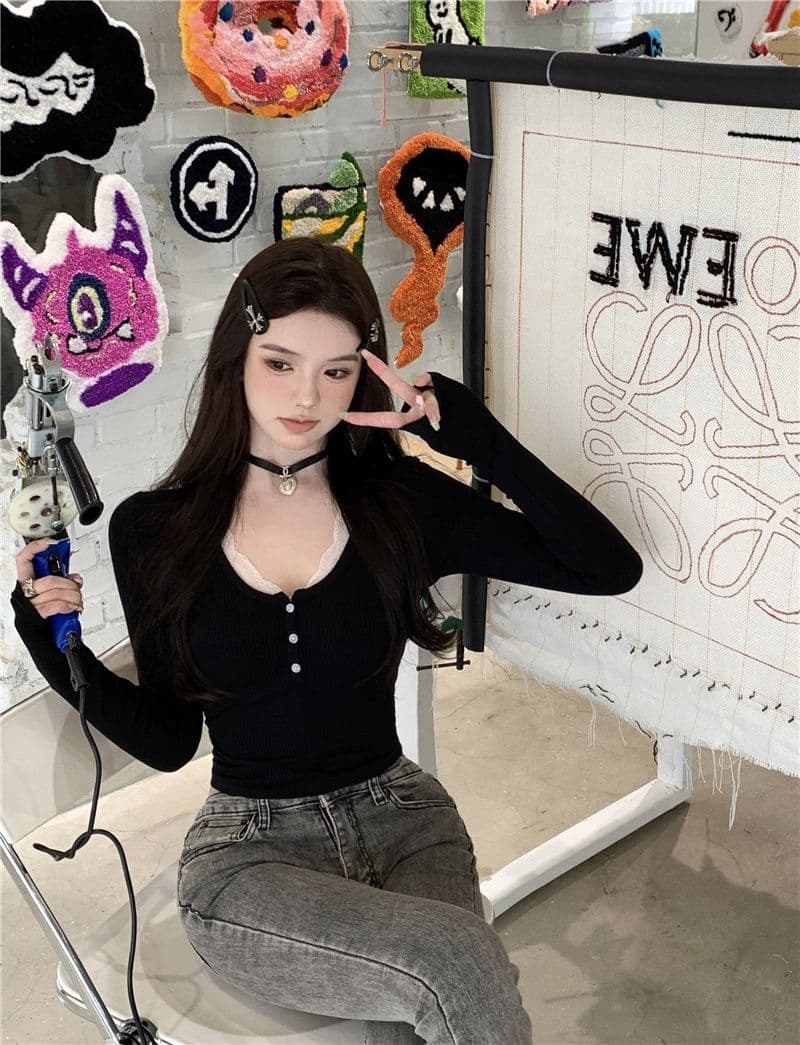연삭 털 디자인 센스 달콤한 자매 순수한 욕망 몸매 가꾸기 기본 셔츠 여성 반 개방 칼라 긴팔 맨위 인사이드 가져 가라. 티셔츠 상세 이미지 24