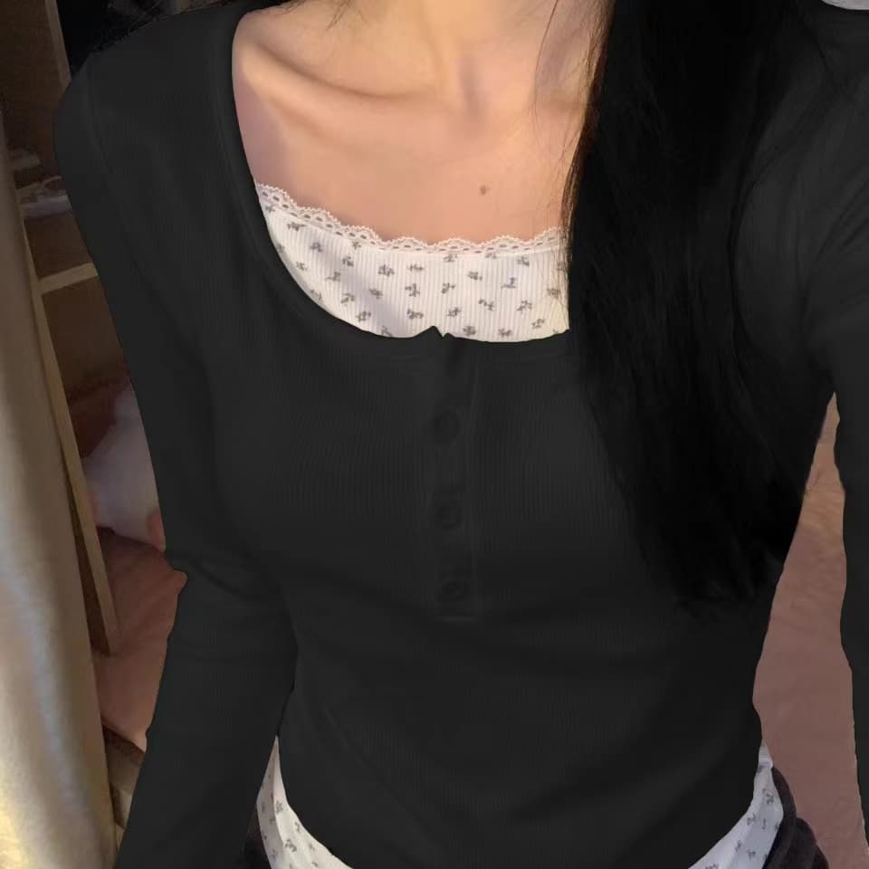 연삭 털 새로운 가을 겨울철 꽃무늬 페이크 레이어드 긴팔 나만의 것을 가져와 라. 가슴 패드 De 플러시 보온 티셔츠 기본 셔츠 이미지 3