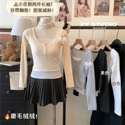 연삭 털 새로운 가을 겨울철 꽃무늬 페이크 레이어드 긴팔 나만의 것을 가져와 라. 가슴 패드 De 플러시 보온 티셔츠 기본 셔츠 상세 이미지 5