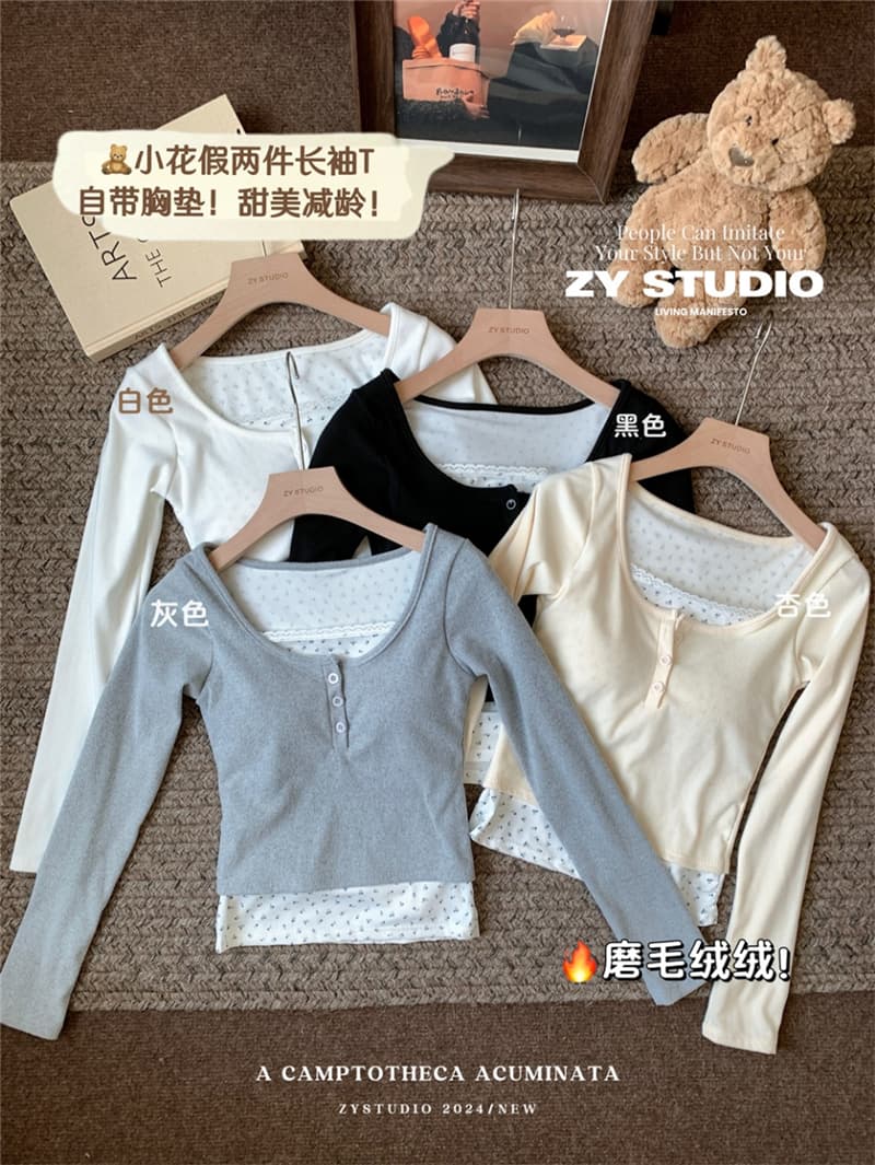 연삭 털 새로운 가을 겨울철 꽃무늬 페이크 레이어드 긴팔 나만의 것을 가져와 라. 가슴 패드 De 플러시 보온 티셔츠 기본 셔츠 상세 이미지 6