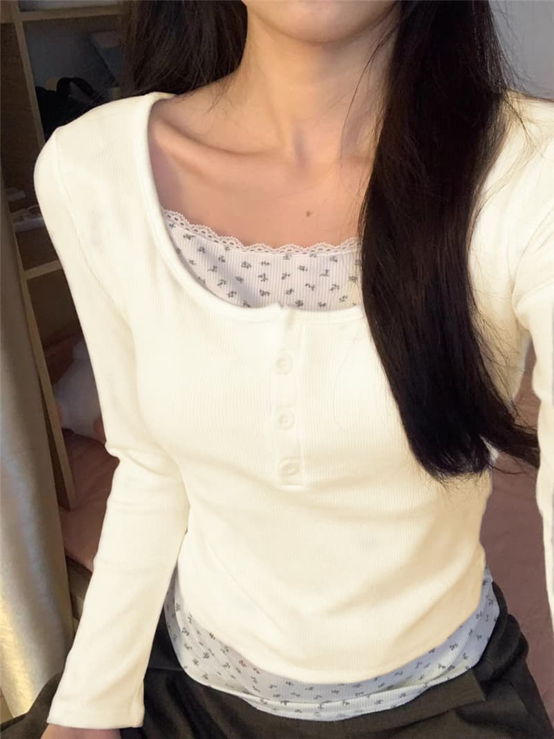 연삭 털 새로운 가을 겨울철 꽃무늬 페이크 레이어드 긴팔 나만의 것을 가져와 라. 가슴 패드 De 플러시 보온 티셔츠 기본 셔츠 상세 이미지 7