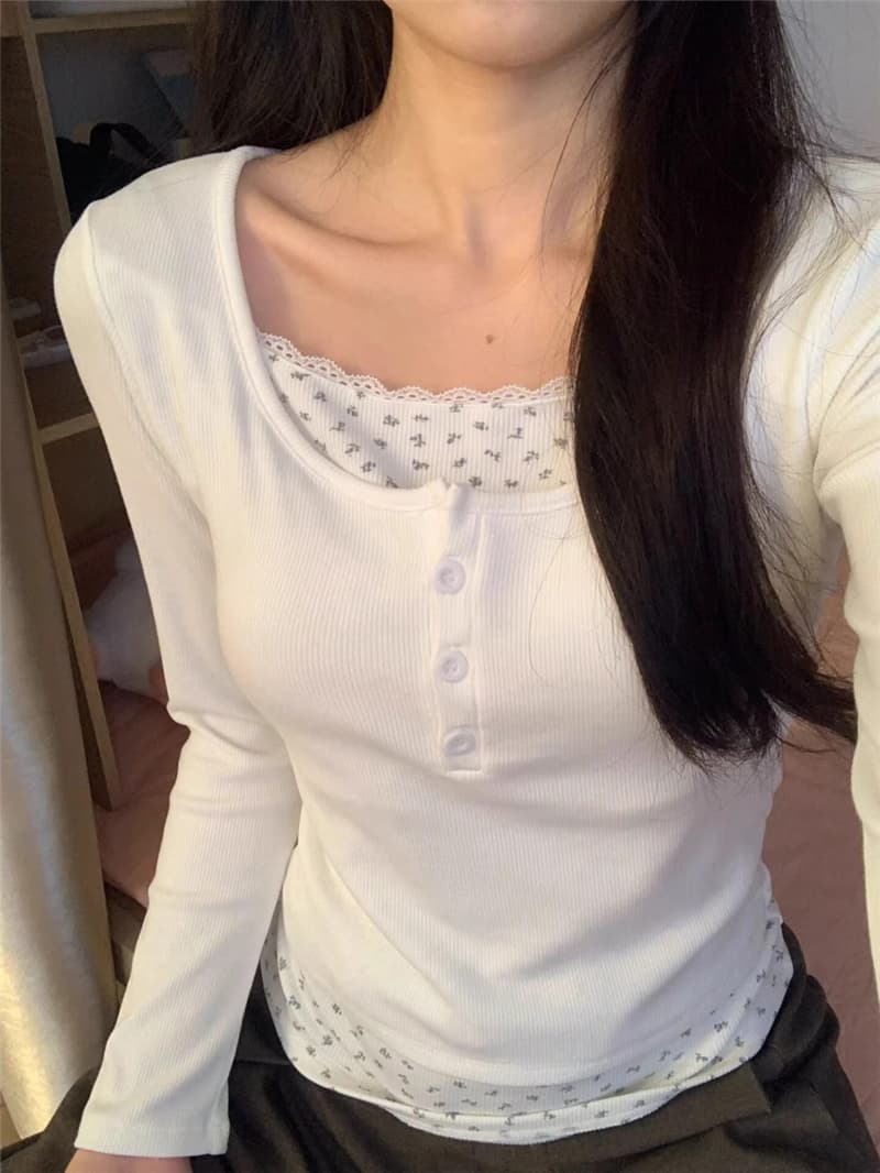 연삭 털 새로운 가을 겨울철 꽃무늬 페이크 레이어드 긴팔 나만의 것을 가져와 라. 가슴 패드 De 플러시 보온 티셔츠 기본 셔츠 상세 이미지 8