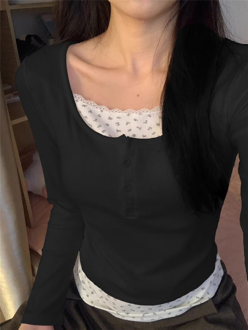 연삭 털 새로운 가을 겨울철 꽃무늬 페이크 레이어드 긴팔 나만의 것을 가져와 라. 가슴 패드 De 플러시 보온 티셔츠 기본 셔츠 상세 이미지 12