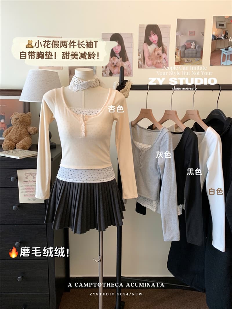 연삭 털 새로운 가을 겨울철 꽃무늬 페이크 레이어드 긴팔 나만의 것을 가져와 라. 가슴 패드 De 플러시 보온 티셔츠 기본 셔츠 상세 이미지 13
