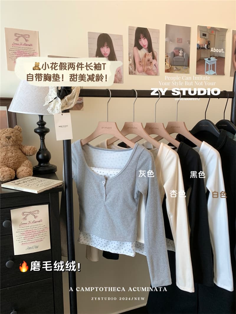 연삭 털 새로운 가을 겨울철 꽃무늬 페이크 레이어드 긴팔 나만의 것을 가져와 라. 가슴 패드 De 플러시 보온 티셔츠 기본 셔츠 상세 이미지 14