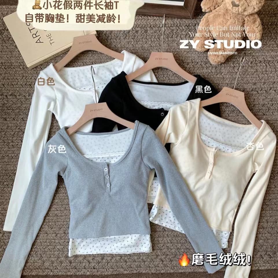 연삭 털 새로운 가을 겨울철 꽃무늬 페이크 레이어드 긴팔 나만의 것을 가져와 라. 가슴 패드 De 플러시 보온 티셔츠 기본 셔츠 상세 이미지 33
