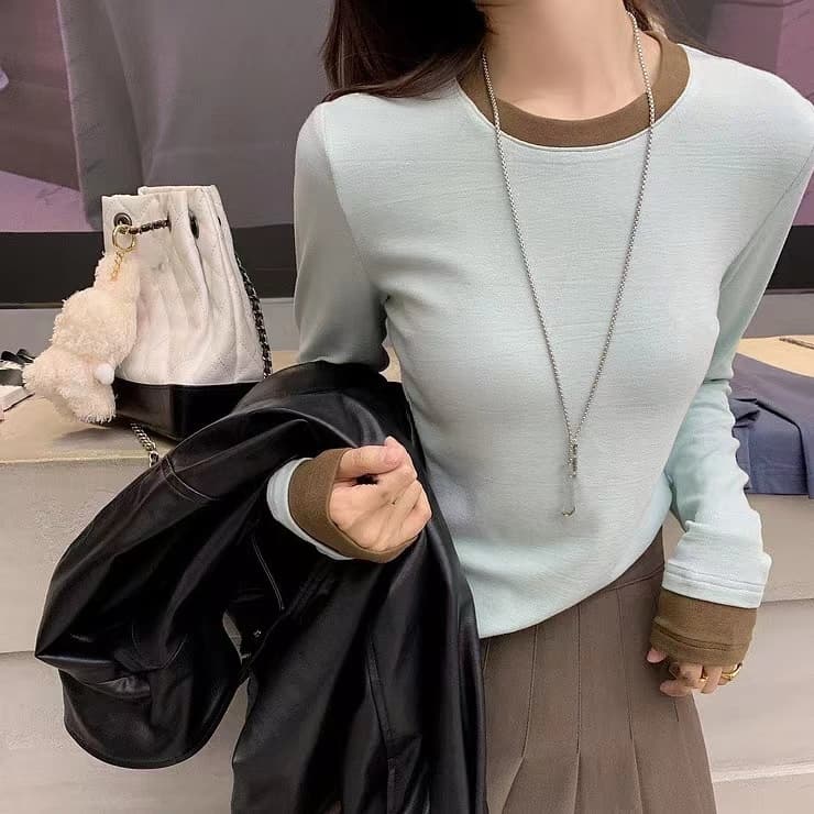 연삭 털 새로운 가을 겨울철 연삭 플리스 달콤함 배색 패치워크 나만의 것을 가져와 라. 가슴 패드 기본 셔츠 긴팔 티셔츠 이미지 3