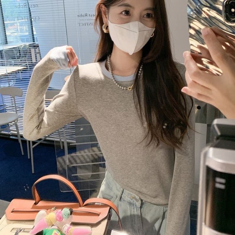 연삭 털 새로운 가을 겨울철 연삭 플리스 달콤함 배색 패치워크 나만의 것을 가져와 라. 가슴 패드 기본 셔츠 긴팔 티셔츠 이미지 5