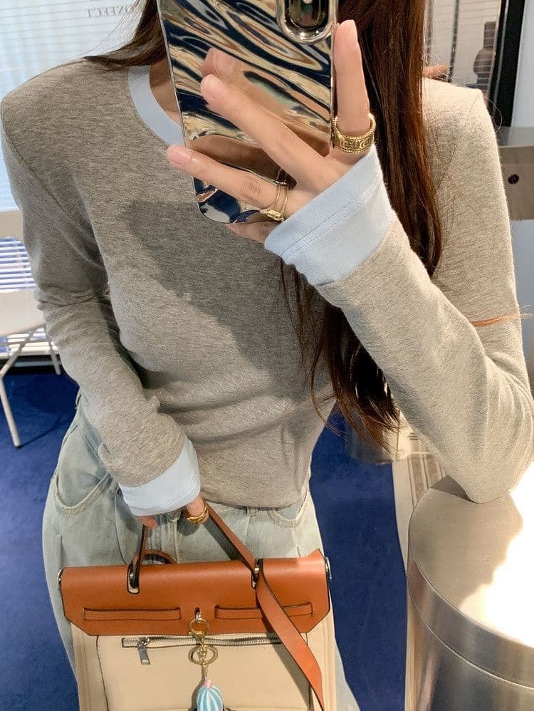 연삭 털 새로운 가을 겨울철 연삭 플리스 달콤함 배색 패치워크 나만의 것을 가져와 라. 가슴 패드 기본 셔츠 긴팔 티셔츠 상세 이미지 15