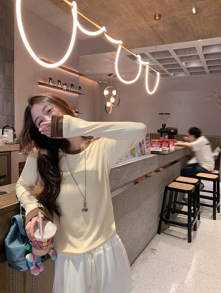 연삭 털 새로운 가을 겨울철 연삭 플리스 달콤함 배색 패치워크 나만의 것을 가져와 라. 가슴 패드 기본 셔츠 긴팔 티셔츠 상세 이미지 16