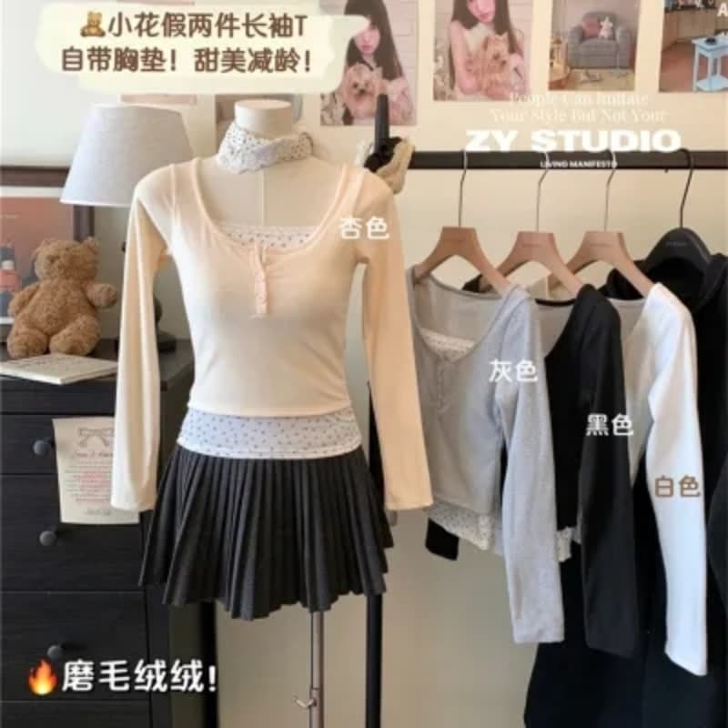연삭 털 새로운 가을 겨울철 꽃무늬 페이크 레이어드 긴팔 나만의 것을 가져와 라. 가슴 패드 De 플러시 보온 티셔츠 기본 셔츠 이미지 5