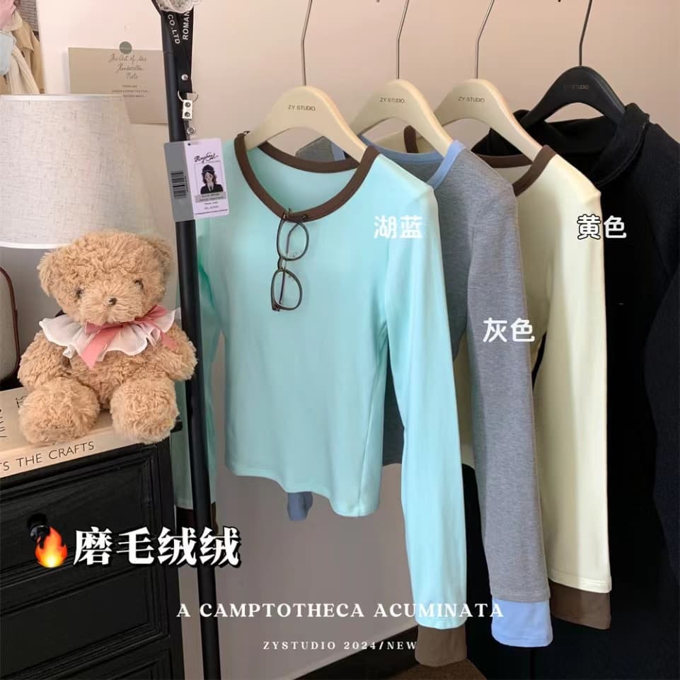 연삭 털 새로운 가을 겨울철 연삭 플리스 달콤함 배색 패치워크 나만의 것을 가져와 라. 가슴 패드 기본 셔츠 긴팔 티셔츠 상세 이미지 31