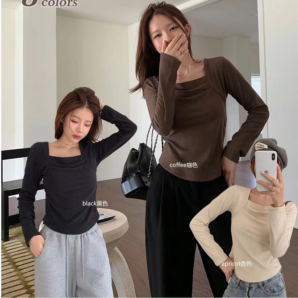 가을 겨울 새로운 광장 칼라 주름 기본 셔츠 여성 덕 플러시 보온 긴팔 티셔츠 인사이드 가져 가라. 외출용 맨위 이미지 4