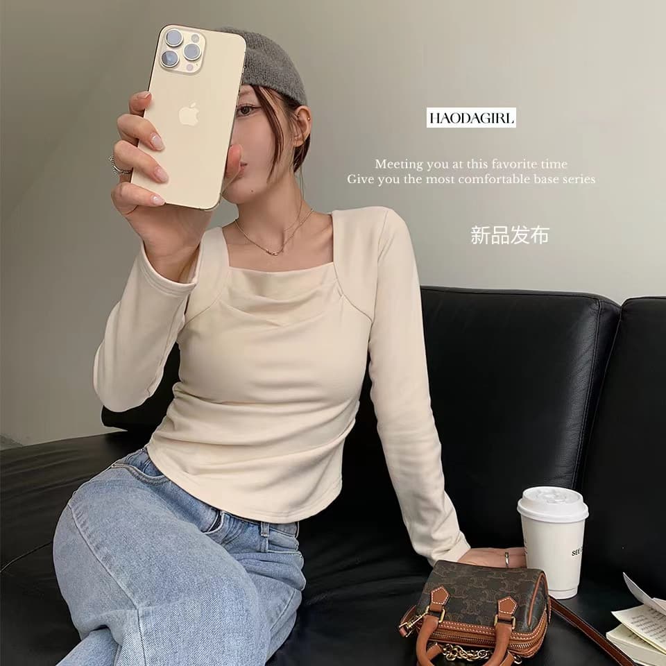 가을 겨울 새로운 광장 칼라 주름 기본 셔츠 여성 덕 플러시 보온 긴팔 티셔츠 인사이드 가져 가라. 외출용 맨위 이미지 5