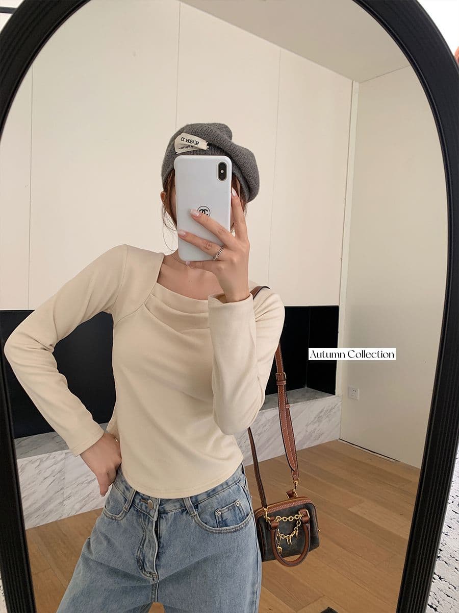 가을 겨울 새로운 광장 칼라 주름 기본 셔츠 여성 덕 플러시 보온 긴팔 티셔츠 인사이드 가져 가라. 외출용 맨위 상세 이미지 7