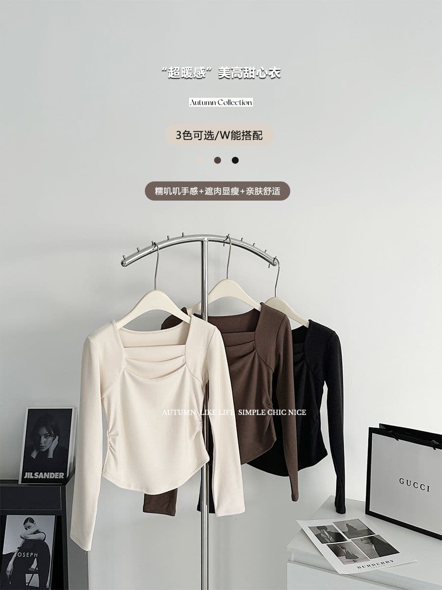 가을 겨울 새로운 광장 칼라 주름 기본 셔츠 여성 덕 플러시 보온 긴팔 티셔츠 인사이드 가져 가라. 외출용 맨위 상세 이미지 8